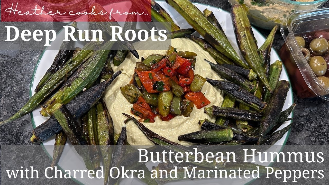 Butterbean Hummus with Charred Okra and Marinated Peppers from undefined
