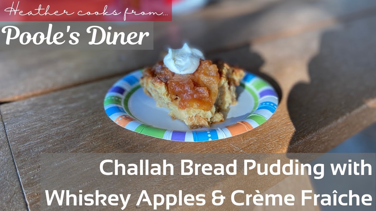 Challah Bread Pudding with Whiskey Apples and Crème Fraîche from undefined