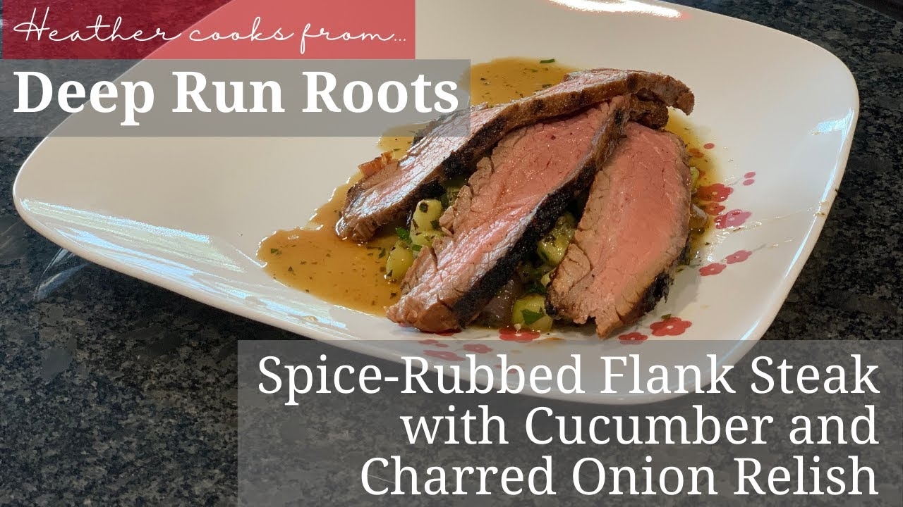 Spice-Rubbed Flank Steak with Cucumber and Charred Onion Relish from undefined