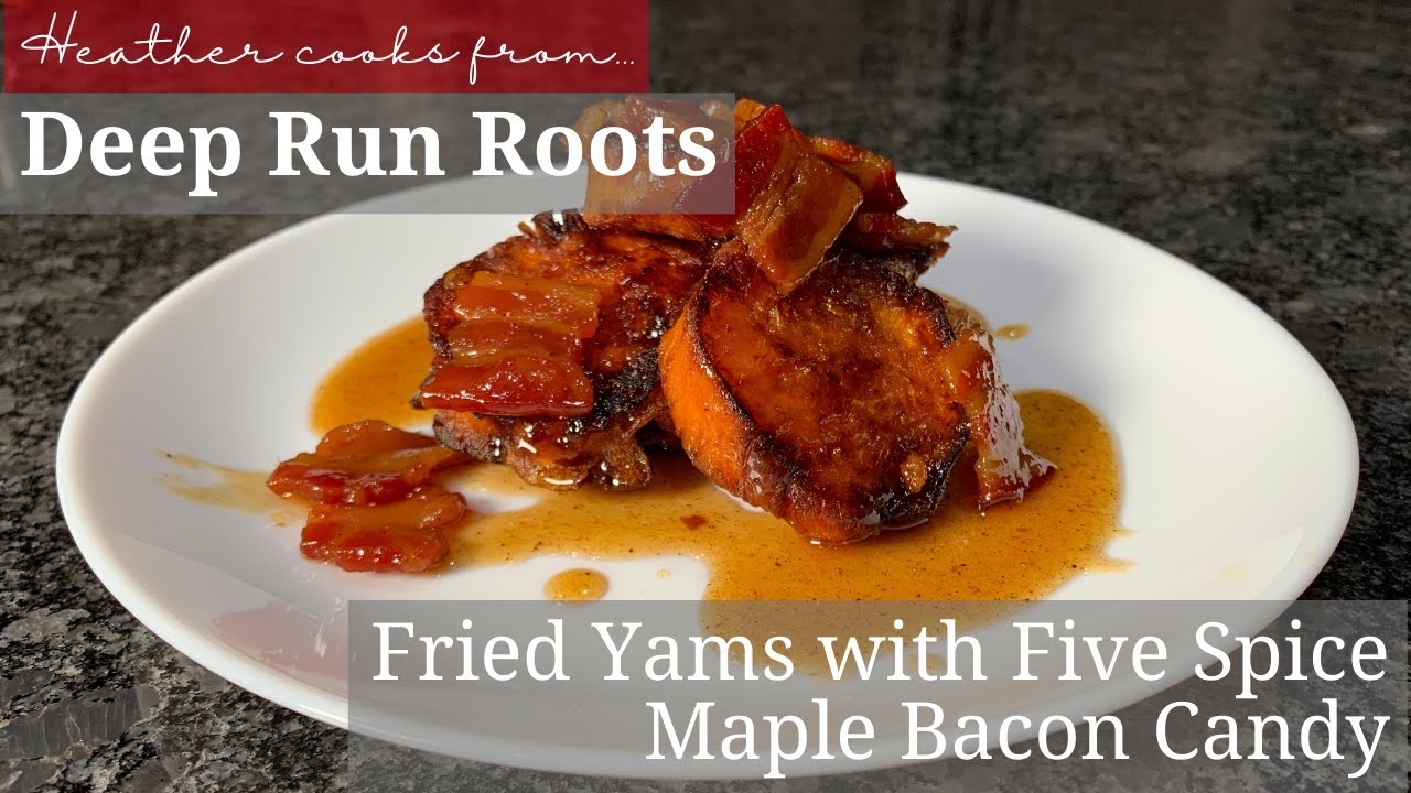 Fried Yams with Five Spice Maple Bacon Candy from undefined